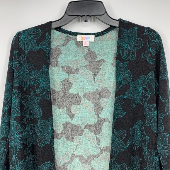LuLaRoe Sarah Cardigan Black Blue Floral Duster Open Front Pockets - Picture 2 of 9